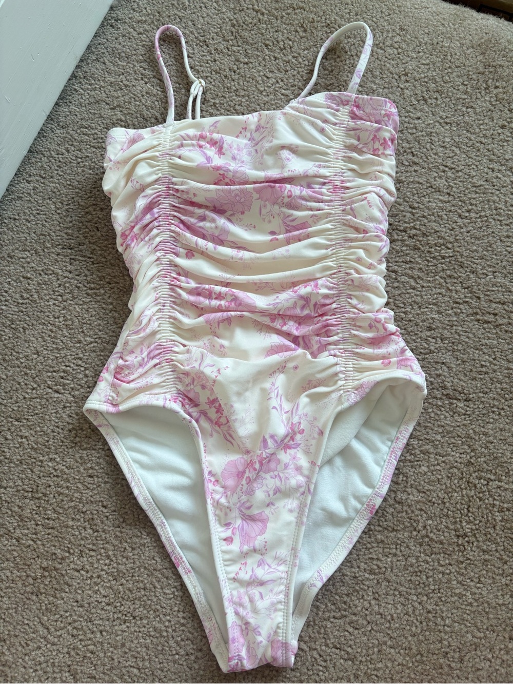 Shade & Shore Cream One-Piece Swimsuit with Pink Floral Print